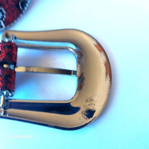 DNA PREMIUM WEAR WESTERN BELT RED BLACK RHINESTONE SILVER & GLITTER ACCENTS 43\